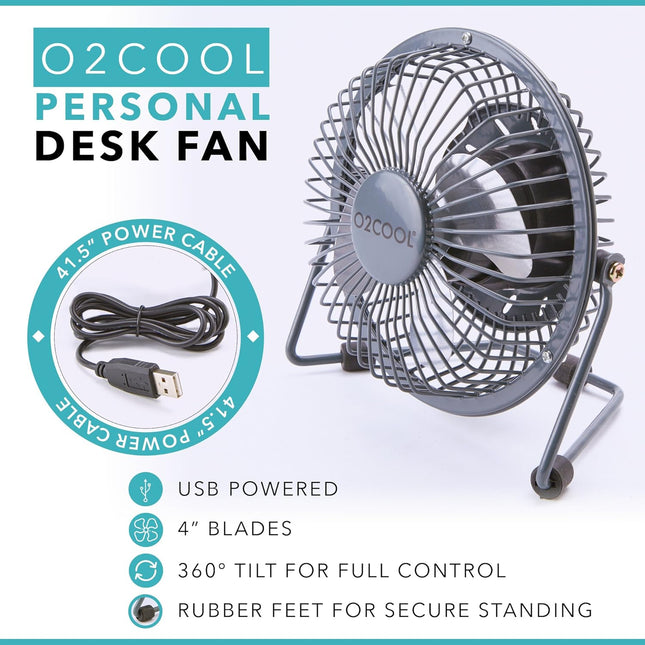 O2Cool 4 Inch Usb Powered Table Desk Personal Fan Grey