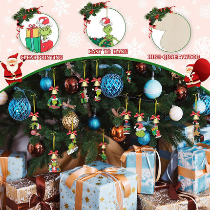 Christmas Tree Decorations Grinchs for Kids - 12 Sets Christmas Wooden Hanging Ornaments with Bells & Bows for Indoor Home Party Decor