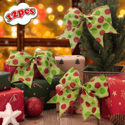 12 PCS Red Green Christmas Bows Decoration, 6 Inch Large Bow Ornaments for Christmas Tree, Bow Garland Christmas, Christmas Wreaths Bows Xmas Tree Elf Dot Bows Ribbons Ornaments for Party