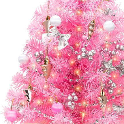 24 Inch Tabletop Mini Christmas Tree, Pre-lit Small Pink Christmas Tree with Warm Lights and Ornaments, 2 FT Artificial Tree Christmas Decorations Indoor Home
