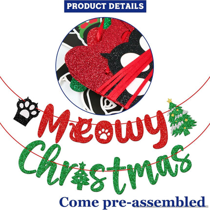 Meowy Christmas Banner, Cat Christmas Decorations, Funny Merry Christmas Banner, Christmas Black Cat Garland, Xmas Christmas Party Supplies, Red Green Black