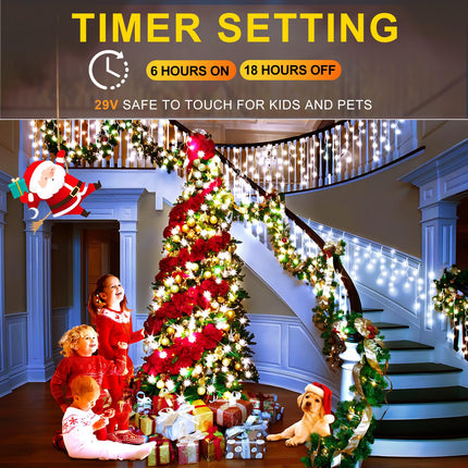 KNO Christmas Lights Outdoor Decorations 400 LED 33ft 8 Modes Curtain Fairy String Light with 75 Drops, Clear Wire LED String Light Decor for Wedding Party Holiday Christmas Decorations Cool White