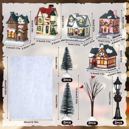 Queekay Christmas Winter Village Houses Set Christmas Miniature Resin Ornament Kits Christmas Cedar Bare Branch Tree Street Lamp Room Decor(Retro Style)