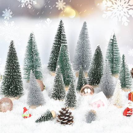 Artificial Frosted Sisal Christmas Tree, 30 Pieces Bottle Brush Trees with Wood Base DIY Crafts Mini Pine Tree for Christmas Home Table Top Decor Winter Ornament (Silver Green)