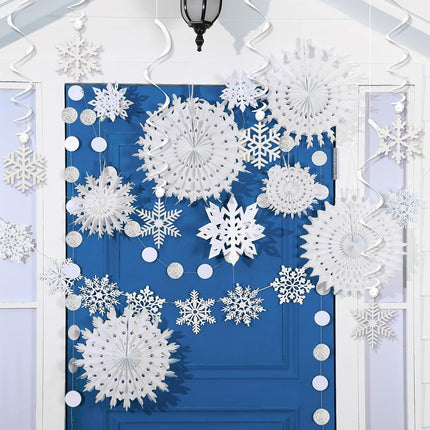 21 Pcs Winter Hanging Snowflake Decorations Paper Snowflake Garland Snowflake Banner Swirls Paper Fans for Wonderland Party Winter Christmas Birthday Decorations(White,Classic)