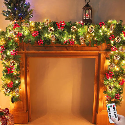 Remote Control&Timer 8 Modes-9 Ft by 10 Inch Prelit Christmas Garland Decorations 50 Warm White Lights Lighted Cedar Garland 300 Branch 198 Red Berries 18 Pinecone Mantle Xmas Garland Christmas Decor