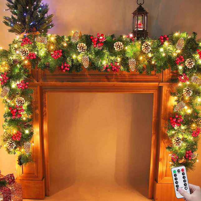 Remote Control&Timer 8 Modes-9 Ft by 10 Inch Prelit Christmas Garland Decorations 50 Warm White Lights Lighted Cedar Garland 300 Branch 198 Red Berries 18 Pinecone Mantle Xmas Garland Christmas Decor