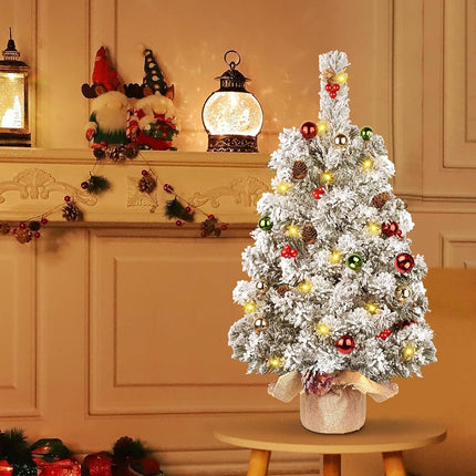 DDHS Artificial Tabletop Christmas Tree,2ft Small Christmas Tree with Ornaments Balls Pine Cones Berries, and 30 Lights Snow Tree, Pre Lit Xmas Tree for Table Home Christmas Party Decor