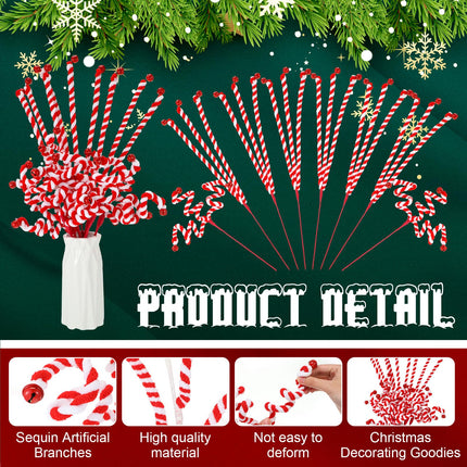 Soaoo 24 Pcs 21 Inch Christmas Bells Curly Pick Red and White Christmas Decorations Candy Shape Christmas Tree Picks Christmas Ornaments Branches for Xmas Tree Wreath DIY Crafts Vase Filler Holiday