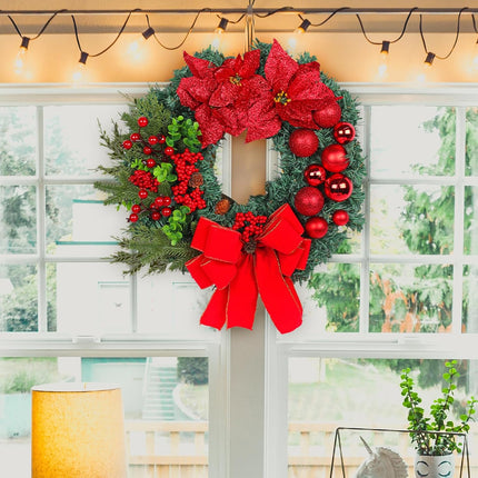 Artificial Christmas Wreath for Front Door, Christmas Door Decorations Wreaths, with Christmas Balls, Bow, Xmas Wreaths Decor Outdoor Christmas Wreaths (Red)