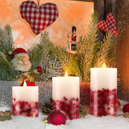 3 Pcs Christmas Flameless LED Candles Rowan Berries Embedded Real Wax Unscented Flicker Wick Pillar Candle Battery Operated Warm Light for Home Party Xmas Decoration