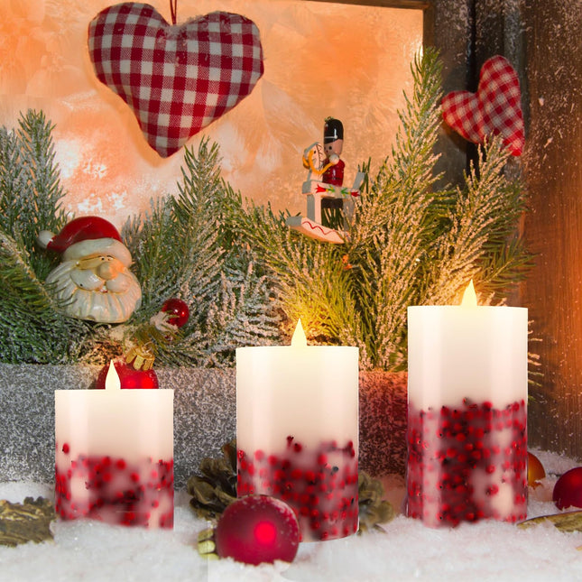 3 Pcs Christmas Flameless LED Candles Rowan Berries Embedded Real Wax Unscented Flicker Wick Pillar Candle Battery Operated Warm Light for Home Party Xmas Decoration