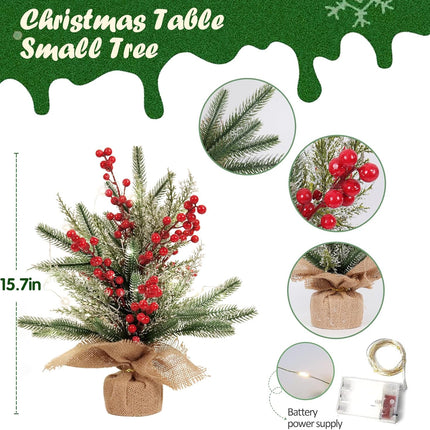 RECUTMS Tabletop Mini Christmas Tree Small Christmas Tree with Lights for Table Faux Miniature Xmas Trees with Red Berries Burlap Base Pine Branches Artificial Trees Indoor Home Decor s