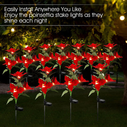 12 Pcs Solar Poinsettia Stakes Lights, IP65 Waterproof Solar Flower Lights Landscape Lighting Simulation LED Lights Suitable for Christmas Pathway Garden Yard Lawn Outdoor Decoration