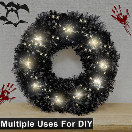 TURNMEON 30 Ft Christmas Tinsel Garland 30 Ft 100 Warm White Lights Thick and Thin Metallic Streamers Foil Tinsel Twist Black Garland Christmas Tree Decorations Indoor Outdoor Party Supplies
