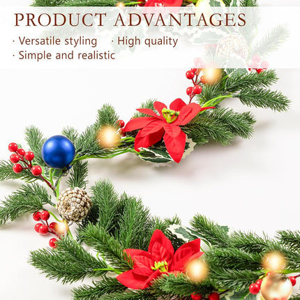 Christmas Garland with Lights, Rodelna Forest Pine Garland with Holly Flocked Pinecones Poinsettias, Pre-lit 6 Feet LED Snowflake Battery Operated for Fireplaces, Chandeliers, Wall, Stairs Railing