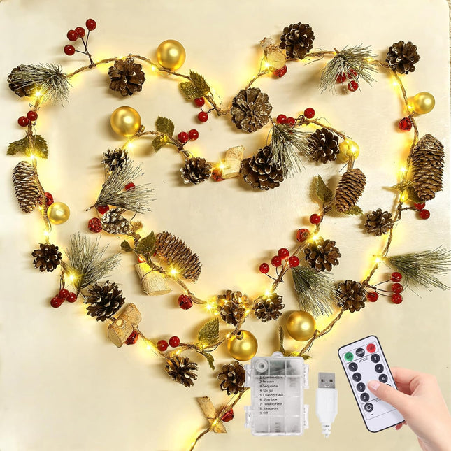 Christmas Garland with Lights 6.5FT 60 LED Twinkle Lights Battery Operated 8 Modes Remote Control Fairy Lights Pine Garland with Lights for Mantle Stairs Table Door Wall Christmas Tree Decor