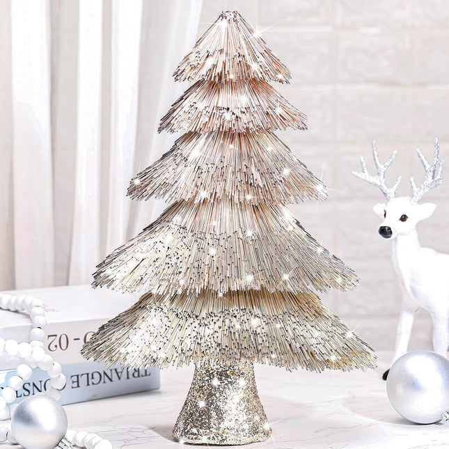 Tabletop Christmas Tree Decoration 15 in Glitter Champagne Gold Artificial Foil Tubes Xmas Tree Artificial Holiday Table Centerpiece Champagne Tabletop Small Xmas Tree for Home Party Craft