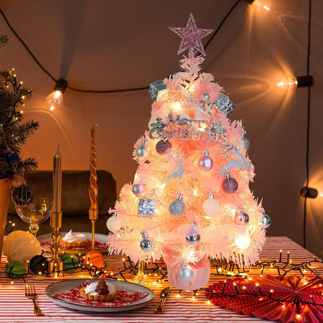 HMASYO Small Christmas Tree with Lights and Ornaments, 22 Inch Pink Tabletop Mini Christmas Tree with Light, Star Topper, DIY Artificial Table Top Xmas Tree for Holiday Indoor Home Decoration
