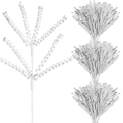 Tigeen 30 Pcs 16.5" White Christmas Tree Curly Picks Sprays Artificial Glitter Stems Glittery Twigs Branches for Christmas Tree Ornament Vase Filler DIY Garland Wreath Crafts Holiday Home Decor