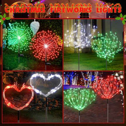 6 Pcs Christmas Solar Firework Stake Lights 180 LED 8 Modes Red Green and White Solar Lights Waterproof LED Sparkler Lights Outdoor Decoration for Xmas Holiday Garden Patio Yard Pathway Walkway