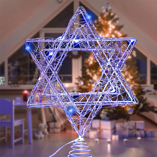 11 Inch Christmas Tree Star Topper 3AA Battery Powered Christmas Tree Topper Lighted, Silver Iron Christmas Tree Star Topper with 20LED Lights, for Christmas, Party & Home(Blue Light