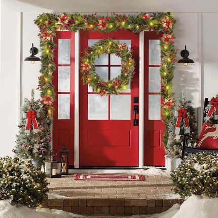 Pre-Lit Christmas Garland Decoration - 9FT Battery Christmas Garland with Lights, including Pine Cones, Safflower, Red Berry Cluster, Pine Branch, Leaves, Mixed Decors for Mantel Fireplace Stairs Door