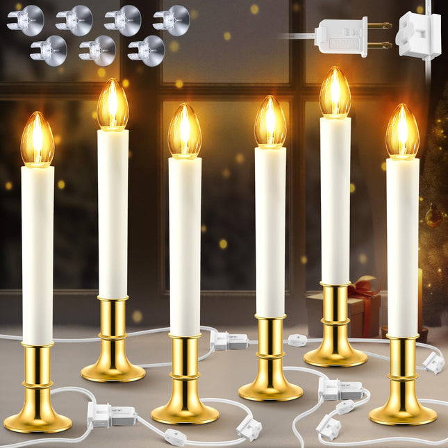 Meonum Set of 6 Christmas Electric Window Candles with Stability Gold Plated Base, 0.6 Watt LED Bulb, Suction Cups, and Plug in Design with On/off Switch Suitable for Home, Xmas, and Holiday Parties