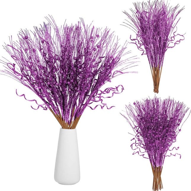 Yunlly 24 Pcs 17 Inch Christmas Glitter Tree Filler Decorations Artificial Glitter Berry Stem Branches Picks for Xmas Tree Glittery Twigs for Vases Wreath Holiday Wedding Party Decor(Purple)