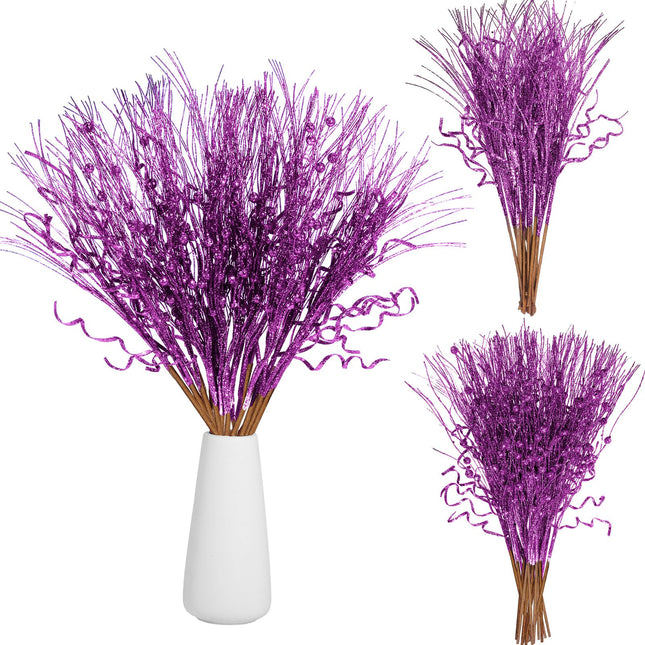 Yunlly 24 Pcs 17 Inch Glitter Tree Filler Decorations Glitter Berries Stems Artificial Christmas Valentine Picks Ornament Glittery Twigs for Wedding (Purple)