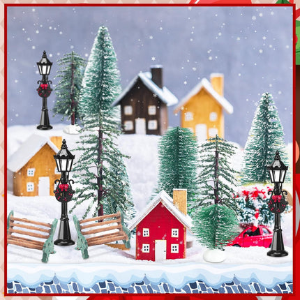 22 Pcs Christmas Village Sets Accessories Miniature Pine Trees Christmas Village Frosted Christmas Tree Figurine Streetlight Lamps Village Street Mat Park Bench Seat for Xmas Winter Decor