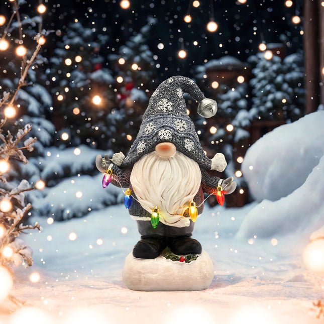TERESA'S COLLECTIONS Christmas Decorations Garden Gnome with LED Lights, Solar-Powered Outdoor Statue, Festive Silver Decor, Durable Resin Sculpture for Front Porch, Yard, Ideal 8.8"