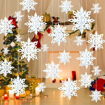 Ouddy Life Christmas Hanging Snowflake Decorations, 3D Large Paper Snowflakes Ornaments with Snowflakes Garland for Christmas Winter Wonderland Home Tree Year Holiday Party Decor (Pearl White)