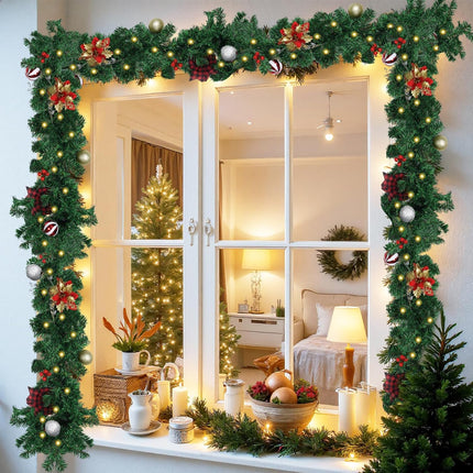 9FT Christmas Garland with Lights, Pre-Lit Garlands for Christmas Decoration with 60 LED Lights, Berries, Bows, Ball, Flower, Leaves, Battery Operated Indoor & Outdoor Christmas Decor