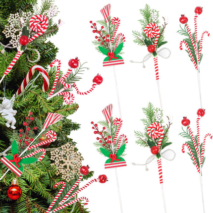 6pcs Christmas Tree Picks Decorations, Red White Green Candy Canes Berry Tree Picks for Christmas Tree Fillers, Grinchmas Christmas Tree Ornaments, Peppermint Sticks Floral Stems