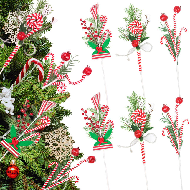 6pcs Christmas Tree Picks Decorations, Red White Green Candy Canes Berry Tree Picks for Christmas Tree Fillers, Grinchmas Christmas Tree Ornaments, Peppermint Sticks Floral Stems