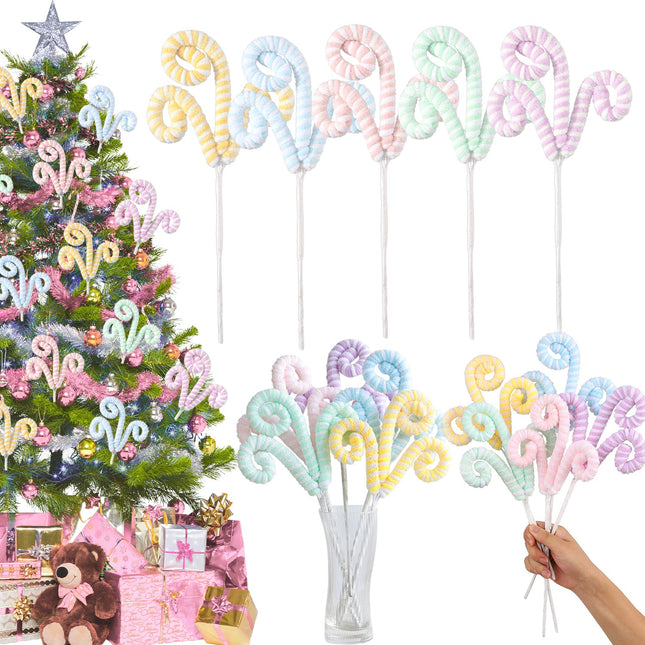 5pcs Set Macaron Color Christmas Decorations Picks, Christmas Tree Woolen Candy Cane Curly Pick, Christmas Tree Topper Decorations Home Vase Holiday Party Ornaments
