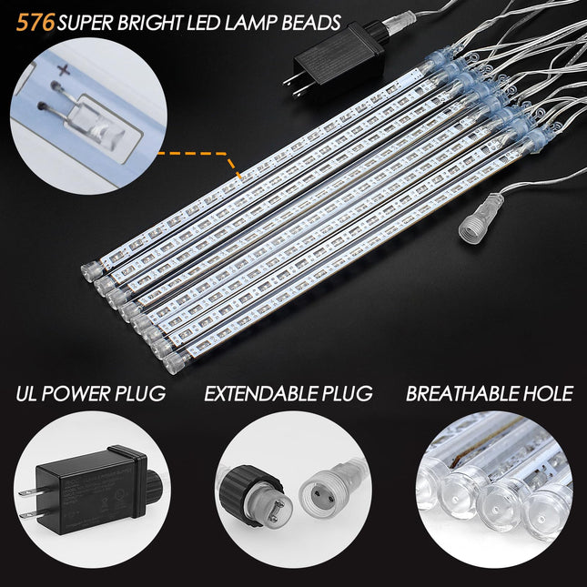Christmas Lights Meteor Shower Rain Light Falling Rain Lights with 16 Tubes 384 LEDs Waterproof Icicle Snow Fall String Lights for Party Tree Home Patio Outdoor Decoration(16 Tubes,White)