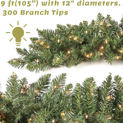 9 ft Pre-lit Christmas Garland, Christmas Artificial Garland with 300 Branch Tips for Stairs Wall Door Indoor Outdoor Garland with Battery Operated Timer