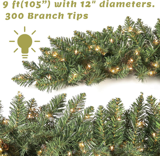 9 ft Pre-lit Christmas Garland, Christmas Artificial Garland with 300 Branch Tips for Stairs Wall Door Indoor Outdoor Garland with Battery Operated Timer