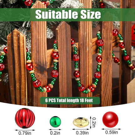 Geosar 6 Pcs Christmas Tree Bead Garland 9 Feet Twisted Beads Christmas Tree Pearl Garland Red and Green Xmas Tree Bead for Christmas Party Fireplace Wreath Ornaments
