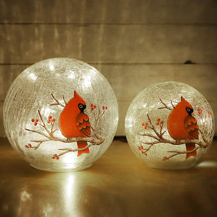 Crackle Glass Cardinal Lamp Battery Operated Globe Lamp for Women Stylish Cardinal Decor Ornaments Red Bird Pattern Stained Glass Lamp Mother's Day s 2 Pack (6in & 5 in)