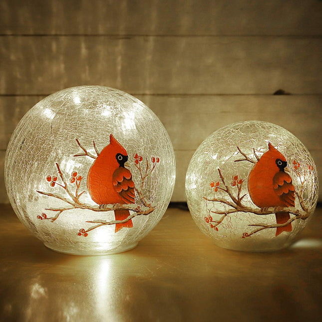 Crackle Glass Cardinal Lamp Battery Operated Globe Lamp for Women Stylish Cardinal Decor Ornaments Red Bird Pattern Stained Glass Lamp Mother's Day s 2 Pack (6in & 5 in)