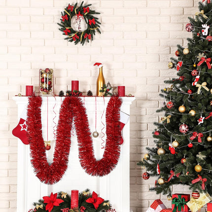 50 Feet Red Tinsel Garland Christmas Foil Tinsel Garland Decoration Metallic Banner Wall Hanging Tinsel Streamers Garland for Christmas Tree Birthday Party Decorations (3.54" x 50', Red)