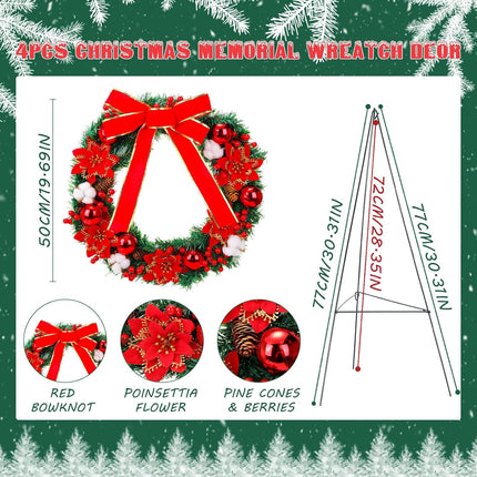 Crowye 4 Pcs Christmas Memorial Cemetery Wreath Set Includes 2 Pcs 20in Christmas Wreath 2 Pcs 30in Easel Stand Holiday Outside Yard Wreath Decoration for Outdoor Gravestone Headstone(Poinsettia)