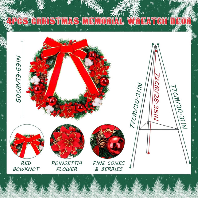 Crowye 4 Pcs Christmas Memorial Cemetery Wreath Set Includes 2 Pcs 20in Christmas Wreath 2 Pcs 30in Easel Stand Holiday Outside Yard Wreath Decoration for Outdoor Gravestone Headstone(Poinsettia)