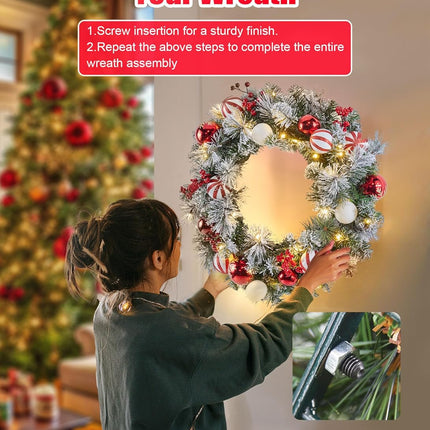 Pre-Lit Artificial Christmas Wreath 24Inch, Christmas Door Decorations Wreath with 50LED Warm Lights, Christmas Balls, Pine Needles, and Red Berries for Front Door Wall Windows X-mas Ornament