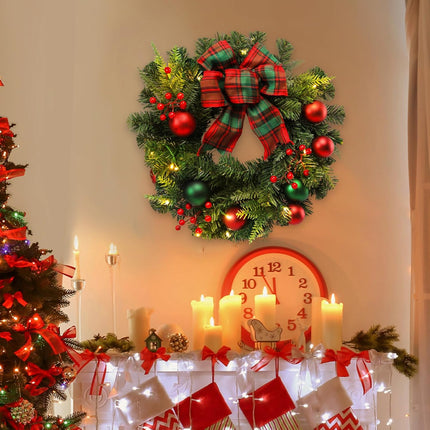 MUMTOP 20 Inch Pre-Lit Christmas Wreath for Front Door with Lights, Large Lighted Christmas Wreath with Red Bowknot for Fireplace Window Outdoor Holiday Home Decoration