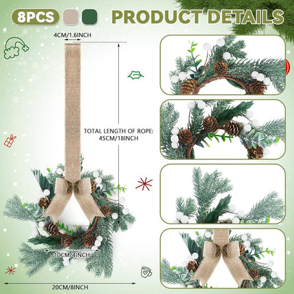 Lyrow 8 Pcs Mini Christmas Kitchen Cabinet Wreaths with Burlap Ribbon Artificial Green Leaves White Berries Hanging Wreaths for Home Front Door Christmas Holiday Indoor Decor