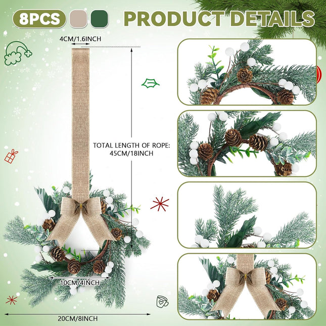 Lyrow 8 Pcs Mini Christmas Kitchen Cabinet Wreaths with Burlap Ribbon Artificial Green Leaves White Berries Hanging Wreaths for Home Front Door Christmas Holiday Indoor Decor